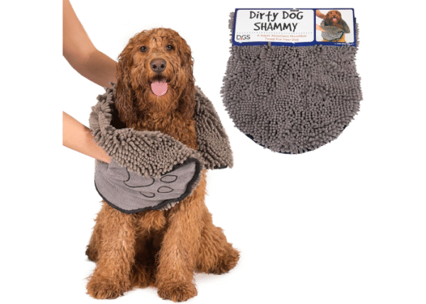 Dog Gone Smart The Dirty Dog Shammy – schnelltrocknendes Plüsch-Shammy-Handtuch mit zwei Eingrifftaschen und Gummizug